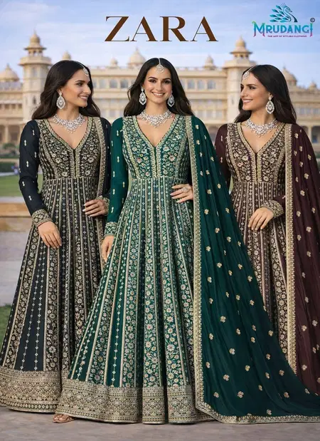 Zara By Mrudangi Chinon Silk Embroidered Gown With Dupatta Exporters In India